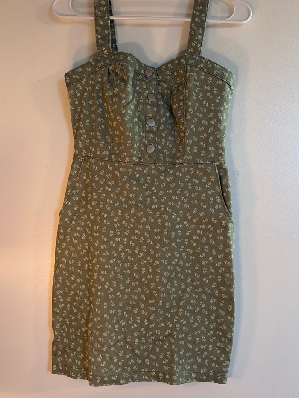 No Boundaries Olive Green Floral Button Mini Dress